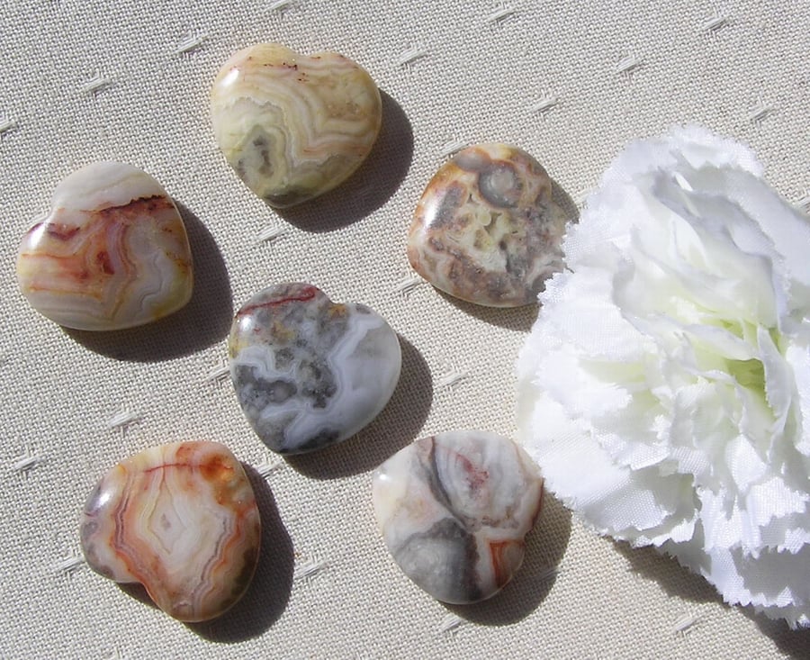 6 Crazy Lace Agate Solid Gemstone Polished Hearts - 20mm - Chakra - Crafting