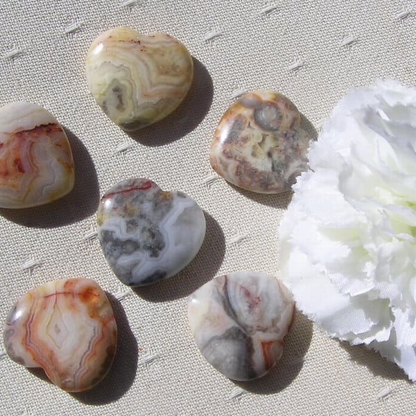 6 Crazy Lace Agate Solid Gemstone Polished Hearts - 20mm - Chakra - Crafting