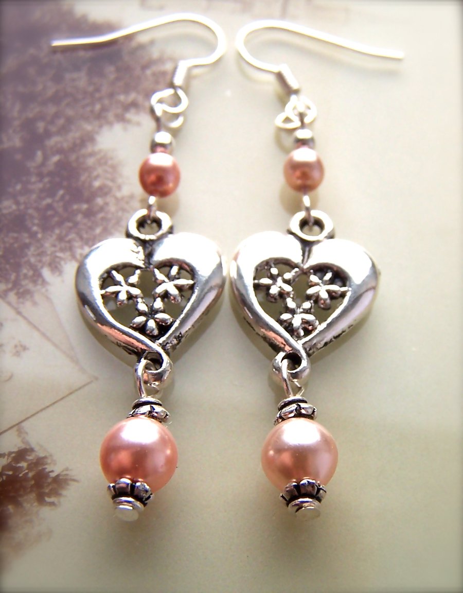 Pink Pearl Heart Earrings, Silver Charm Dangle Earrings, Feminine, Cute, Pretty