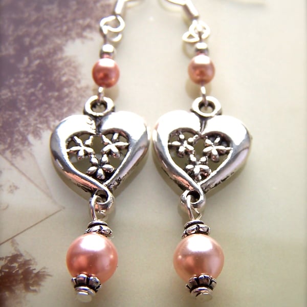 Pink Pearl Heart Earrings, Silver Charm Dangle Earrings, Feminine, Cute, Pretty