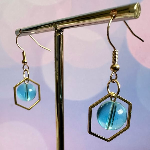 Handmade Hexagon Earrings with Blue Glass Bead