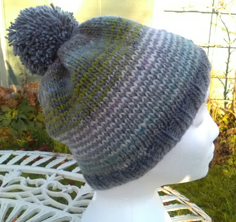Handknit Noro Stripey Bobble Hat 100% wool Green Blue Grey Medium