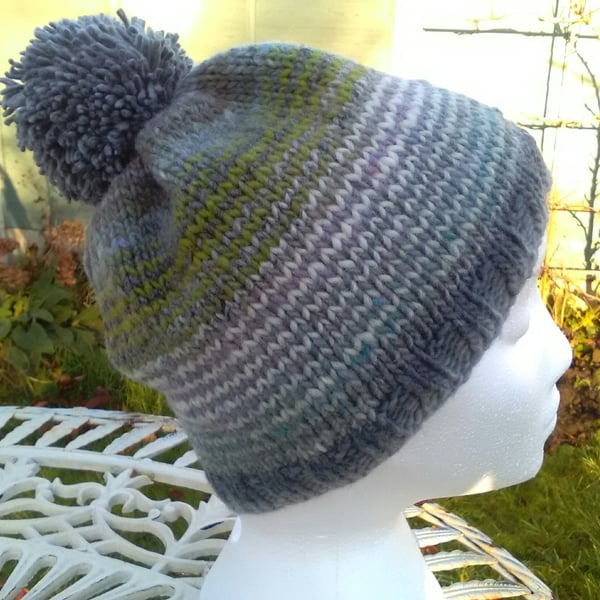 Handknit Noro Stripey Bobble Hat 100% wool Green Blue Grey Medium