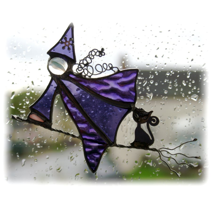 SOLD Witch on Broomstick Suncatcher Stained Glass Handmade Cat Magic Spells