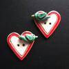 Set of two large ceramic heart buttons with sculpted birds