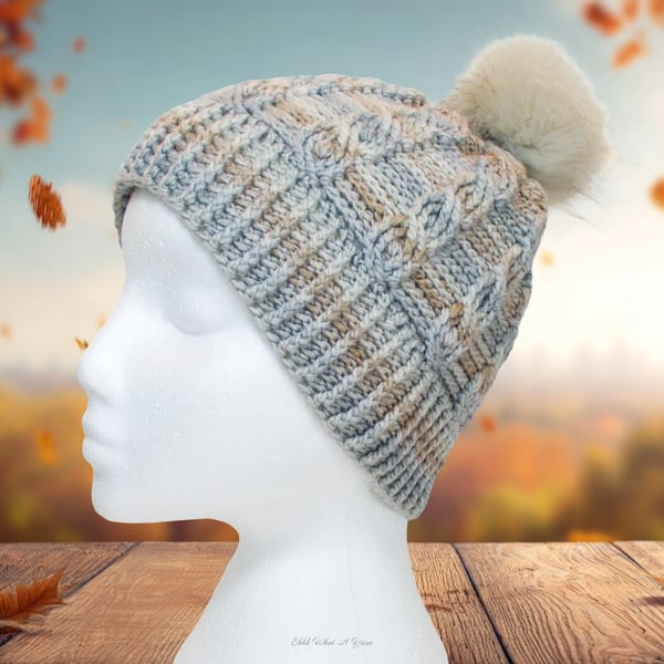 Crochet hat, beanie. Ladies beige, taupe and cream cable pom pom hat. 