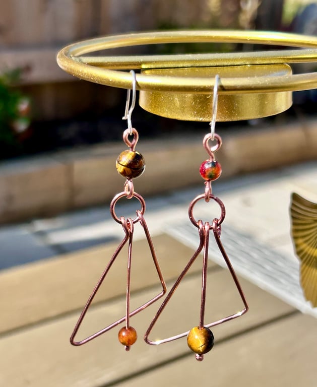 Handcrafted Copper Mismatch Earrings - Tiger's Eye & African Stone