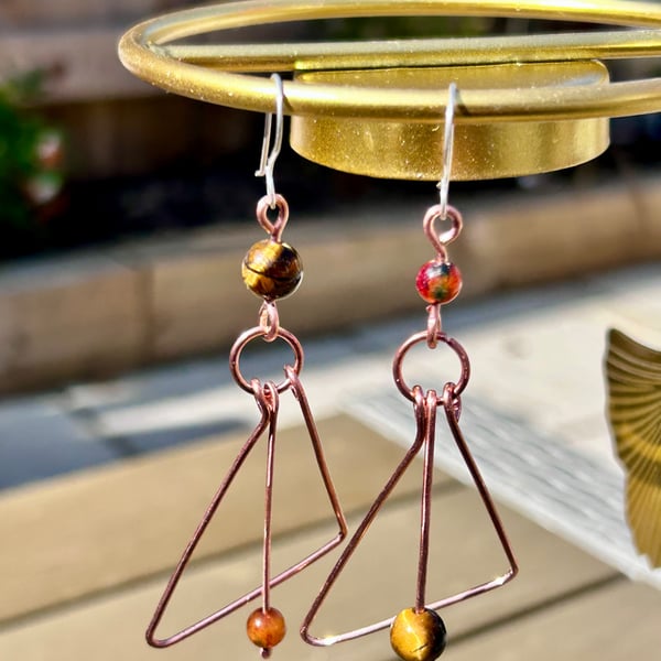 Handcrafted Copper Mismatch Earrings - Tiger's Eye & African Stone