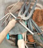 A freshly printed linocut greetings card featuring garden tools - Image 3