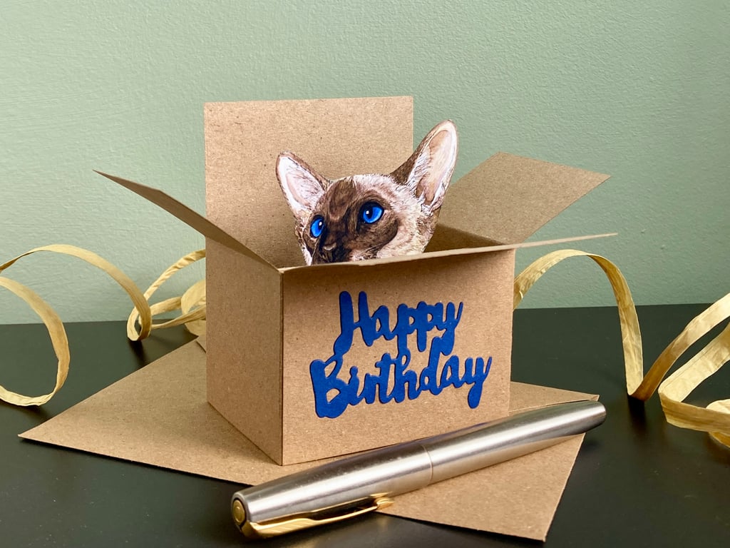 Cat Birthday Card. Siamese Cat Box Card. 3D Gift card holder for cat lovers.