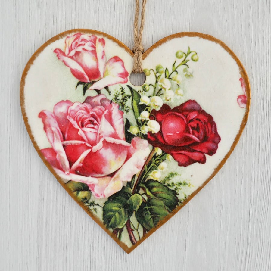 Decoupaged Wooden Hanging Heart: Pink & Red Roses design 6” (15cm)