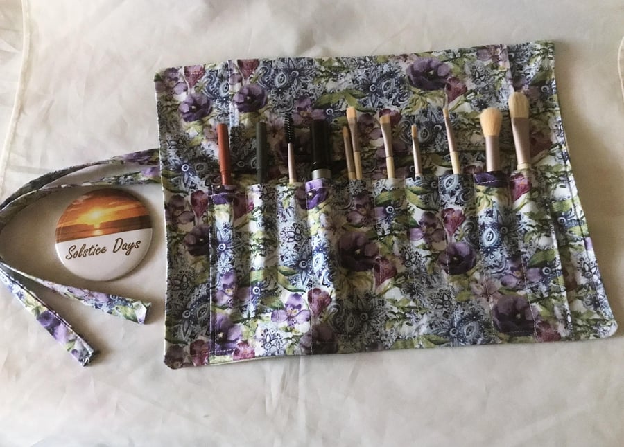 Handmade Lilac Floral Linen Make Up Brush Roll