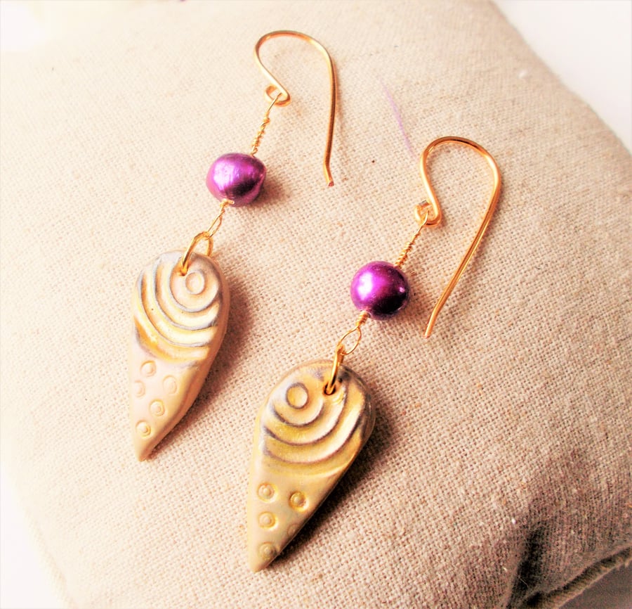 Purple Pearl & Polymer Clay Earrings 