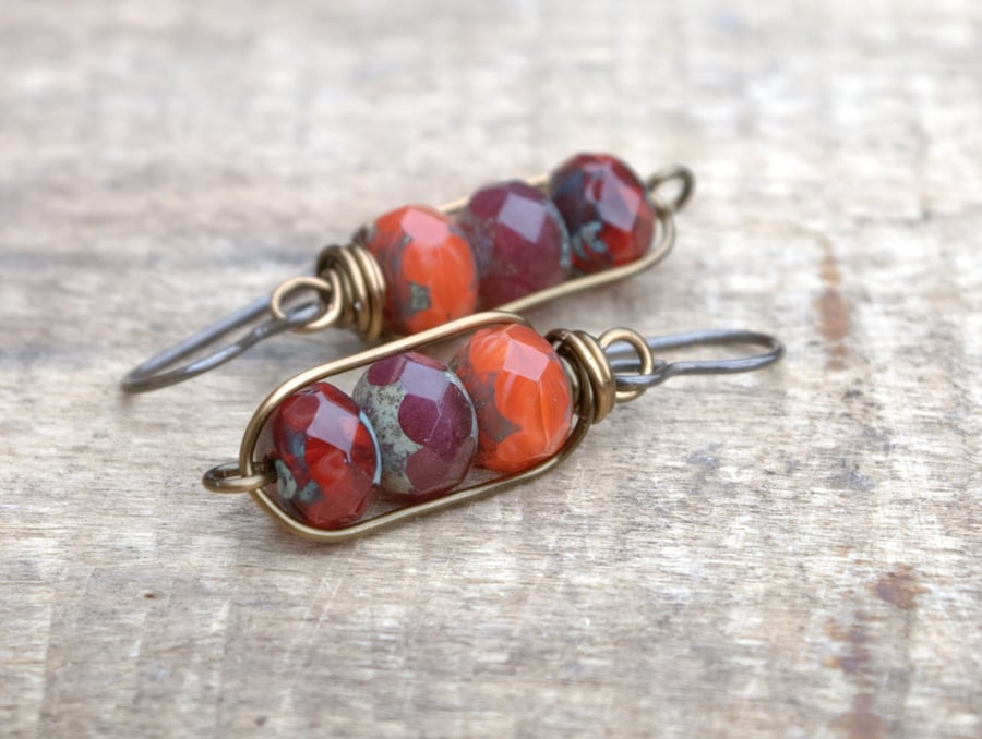 Autumn Colour Earrings. Czech Glass Earrings. Minimalist Wire Work Earrings