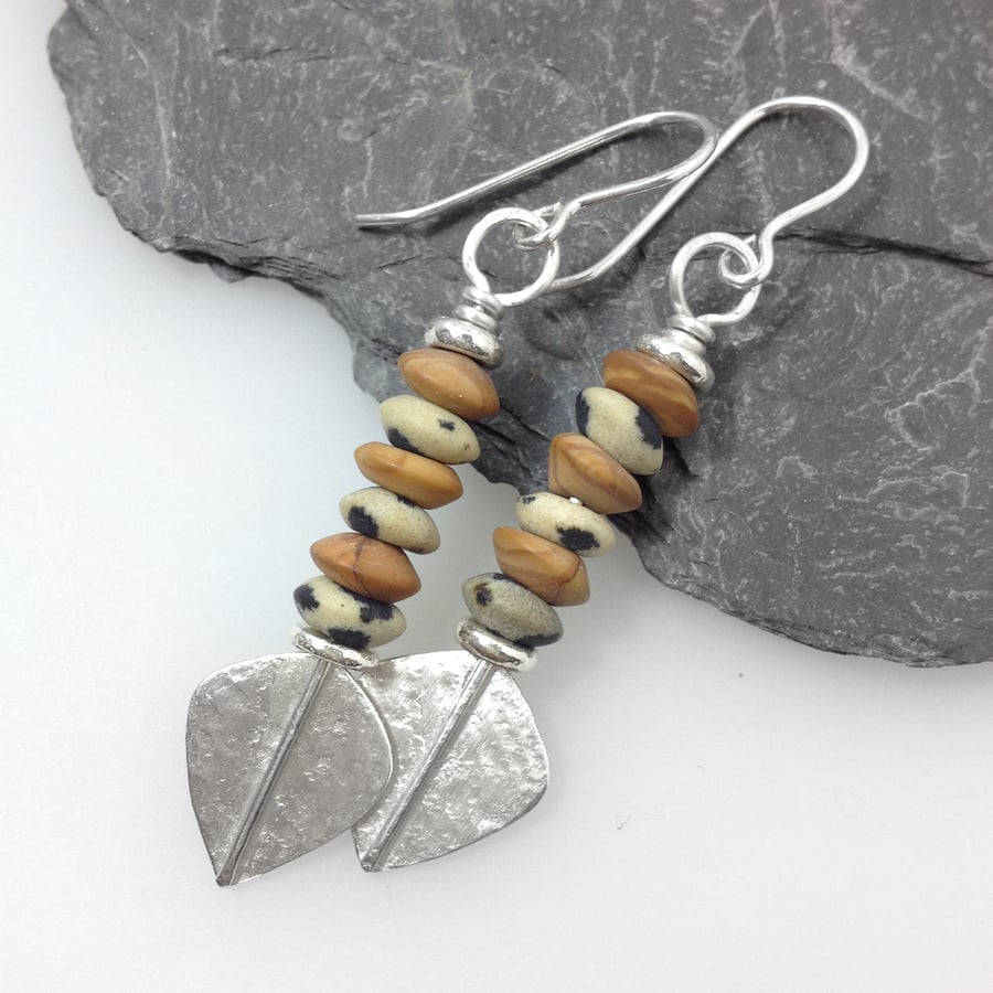 Silver and jasper long spear earrings