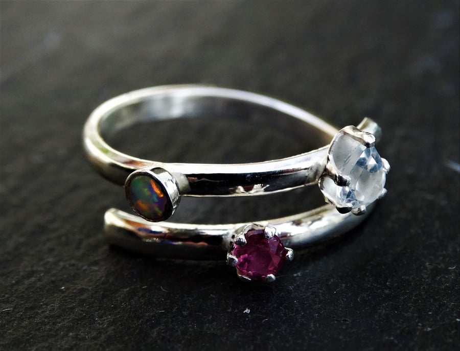 Merry Maidens Ring with opal, cubic zirconia and ruby