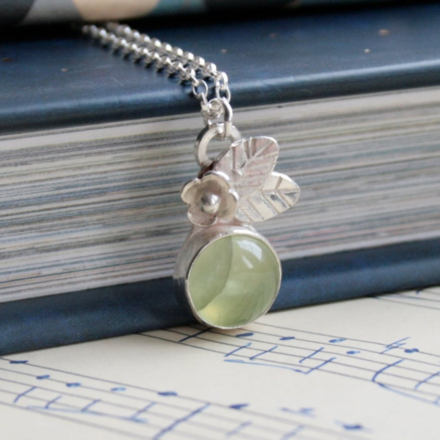 Prehnite and silver botanical necklace
