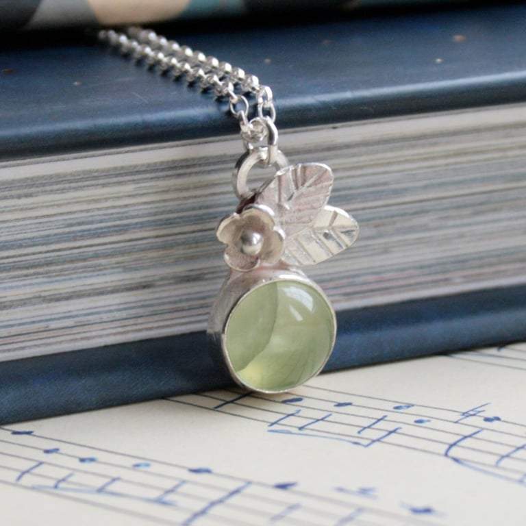 Prehnite and silver botanical necklace, silver flower gemstone necklace