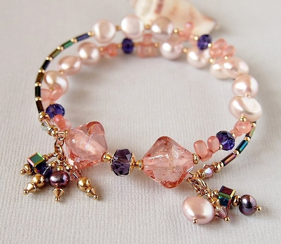 Pink Freshwater Pearl Memory Wire Bracelet - Lampwork - Gold