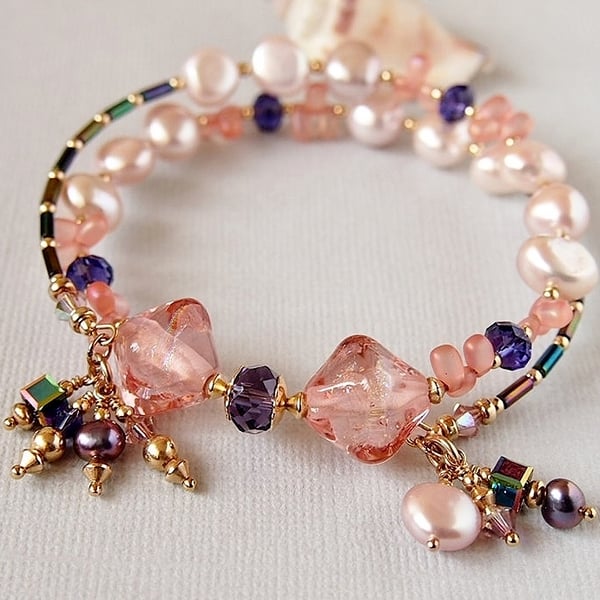 Pink Freshwater Pearl Memory Wire Bracelet - Lampwork - Gold