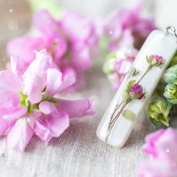 Rose Necklace Tiny Roses Bar - Fuchsia Pressed Flower Necklace Gifts For Her Res