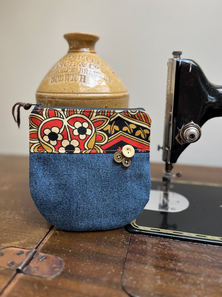 Vintage Sanderson cotton and reclaimed denim zip pouch with curved bottom