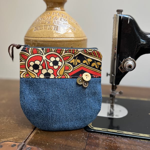 Vintage Sanderson cotton and reclaimed denim zip pouch with curved bottom