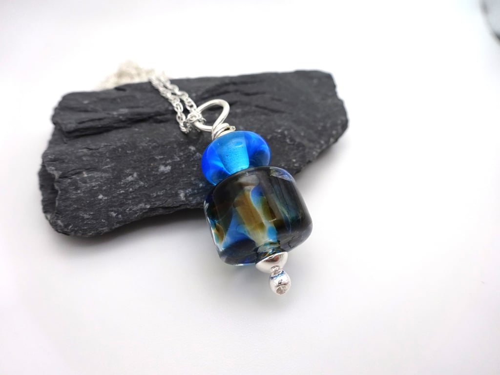 lampwork glass blue and brown pendant necklace