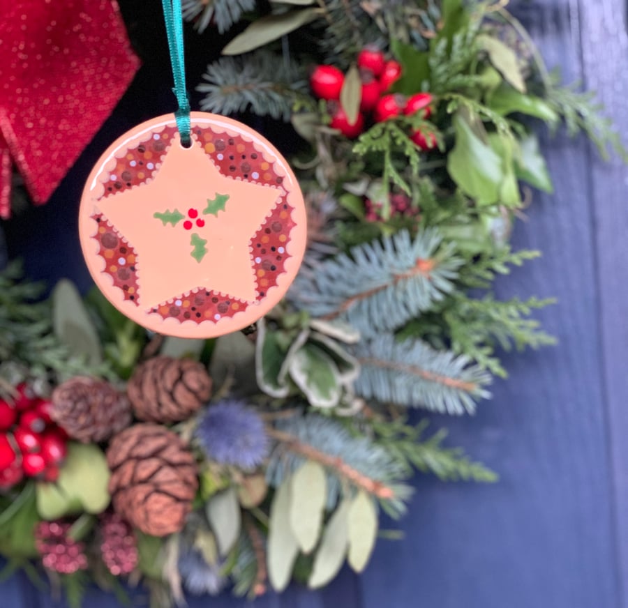 Hand Painted Ceramic Mince Pie Hanging Decoration, Christmas Hanger