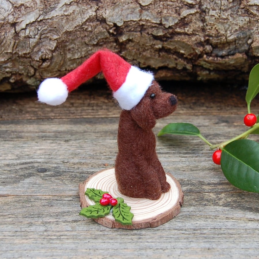Miniature Chocolate Labrador Needle felt dog, wearing Santa Hat