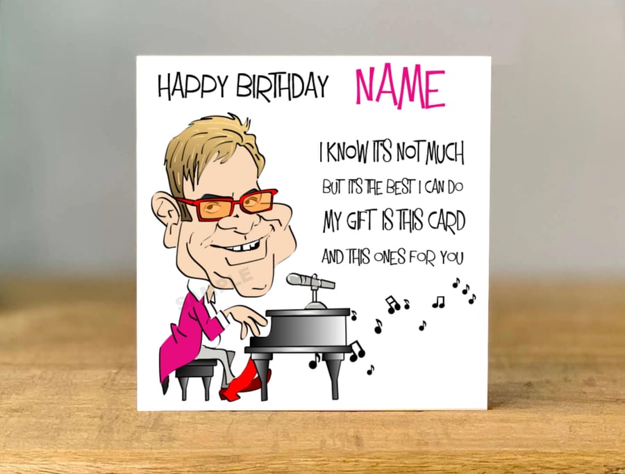 Personalised 70s rock star elton Inspired Birthday Card, mum friend, sister