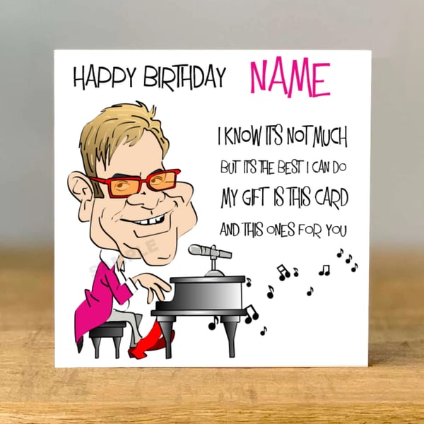 Personalised 70s rock star elton Inspired Birthday Card, mum friend, sister