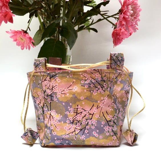 Gilded Lilac Tiny Blossoms Japanese Rice Bag Gift Bag Make up Bag Reversible