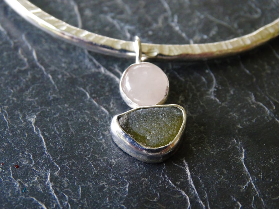 Sterling silver hammered bangle with rose quartz and cornish sea glass