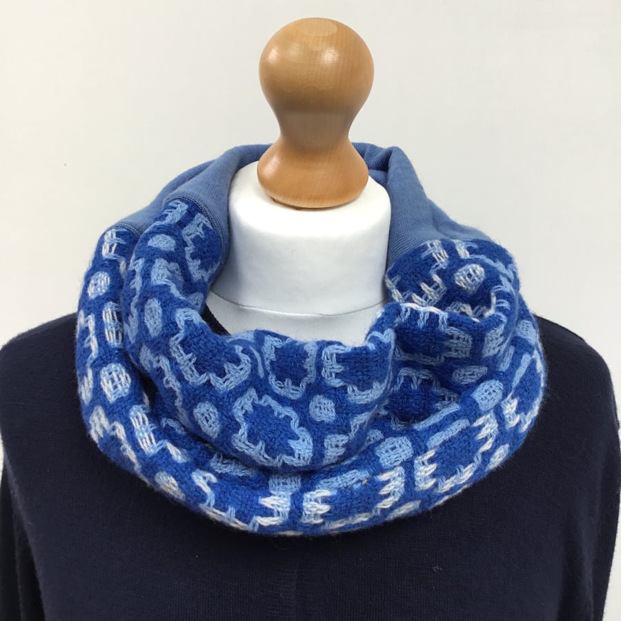 Handwoven blue infinity cowl scarf - woven in fine lambswool