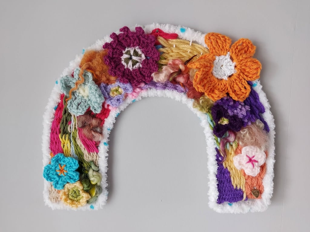 Arch Wall Hanging - Woven Fibre Art with Crocheted Flowers