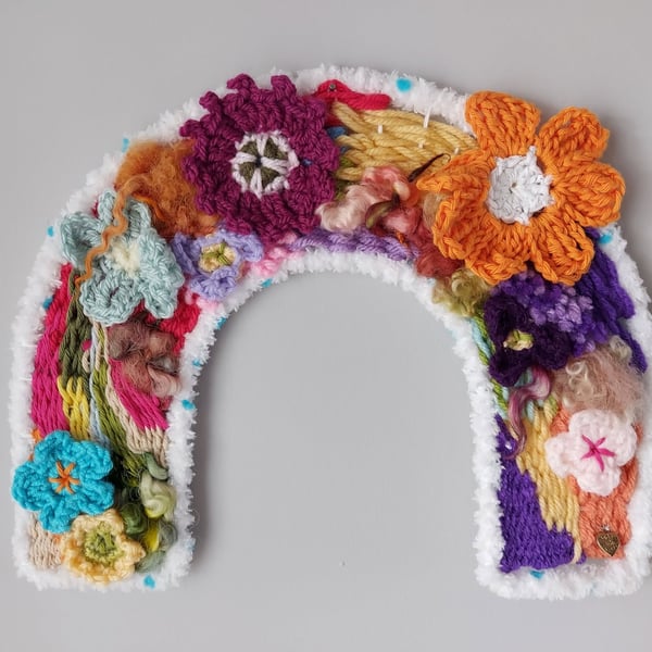 Arch Wall Hanging - Woven Fibre Art with Crocheted Flowers