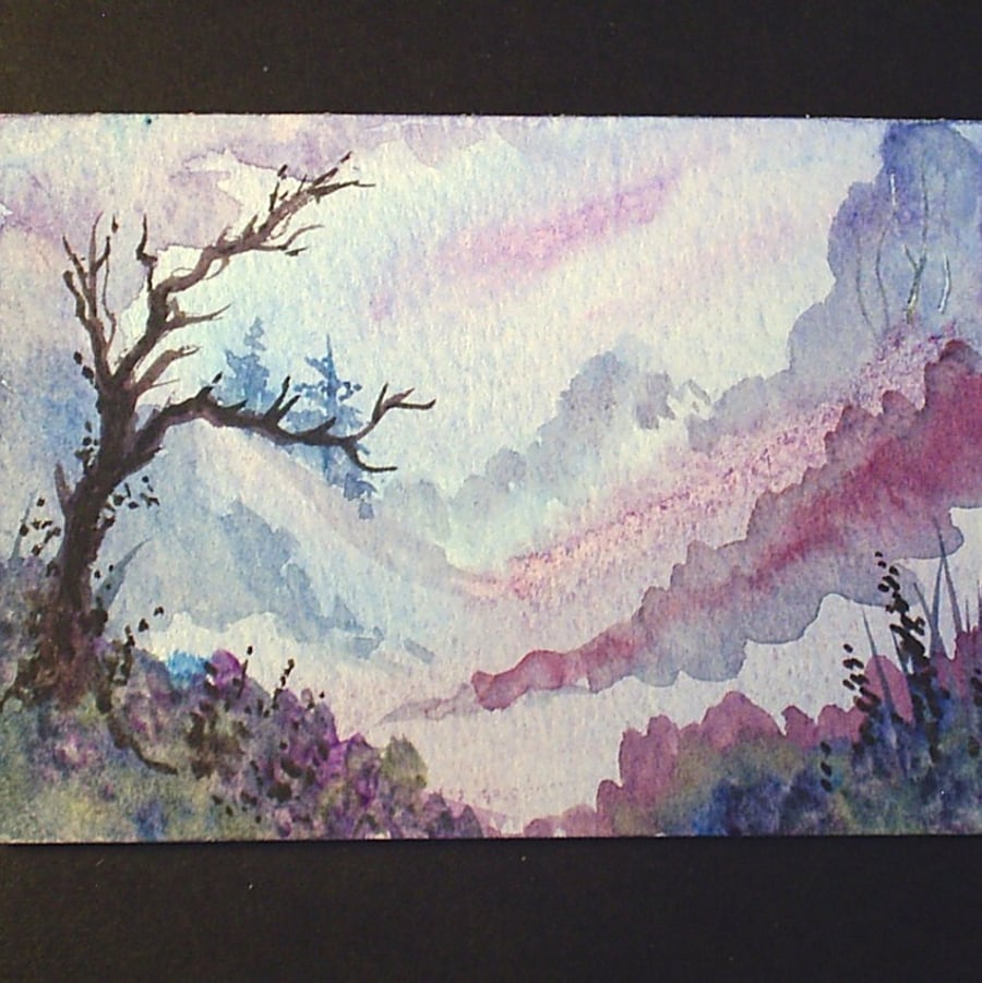 aceo SFA original miniature watercolour painting landscape purple impressions 57