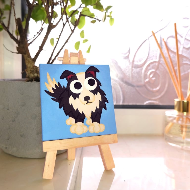 Border Collie Original Painting on Miniature Blue Canvas - cute dog lover gift