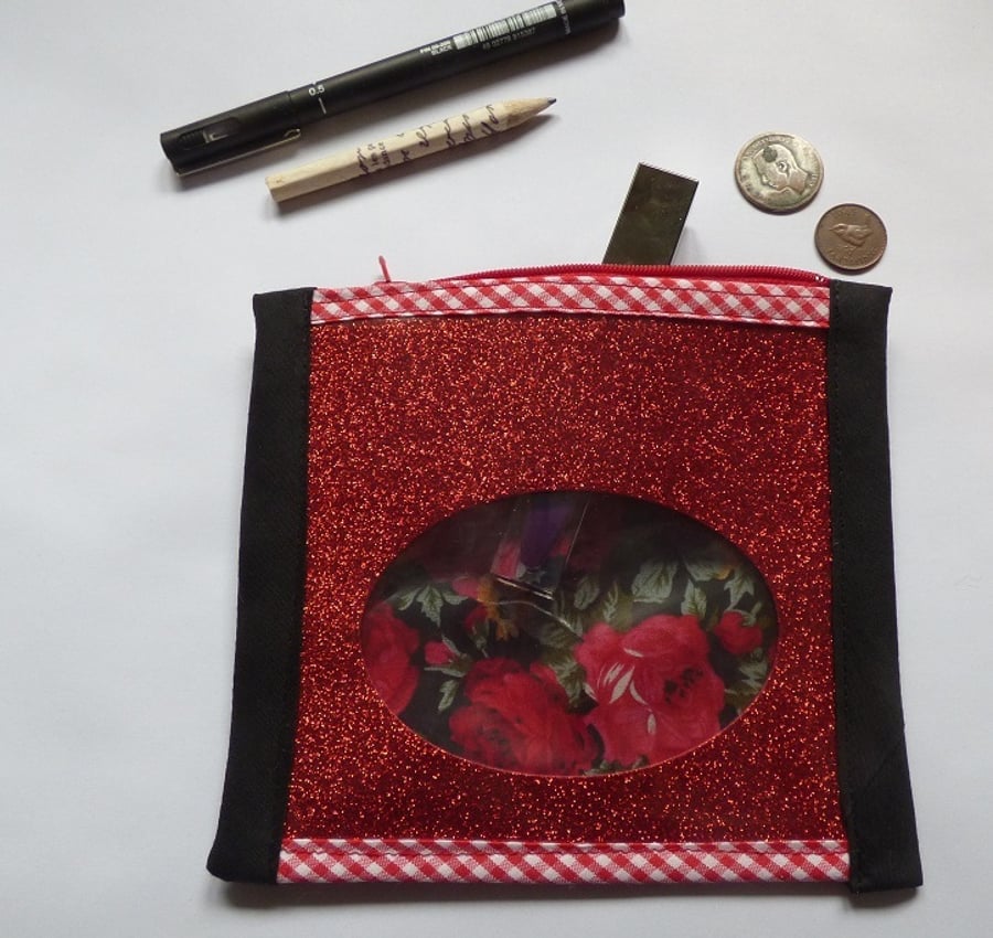 Red rose and glitter zipped pouch make up bag