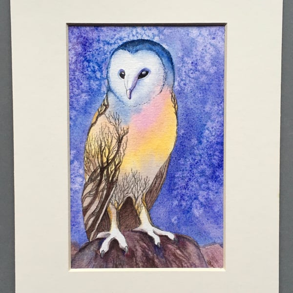 Sunset barn owl original art 