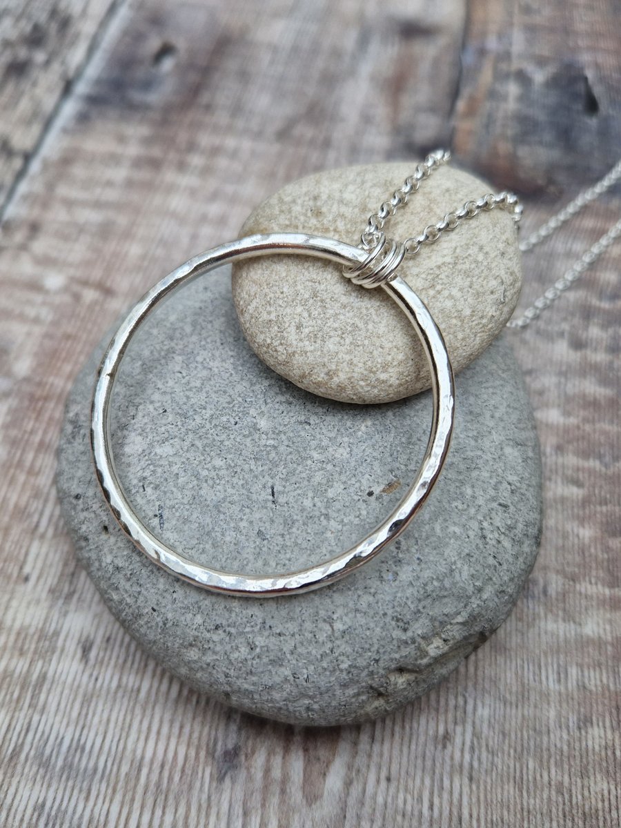 Sterling Silver Long Hammered Ring Necklace