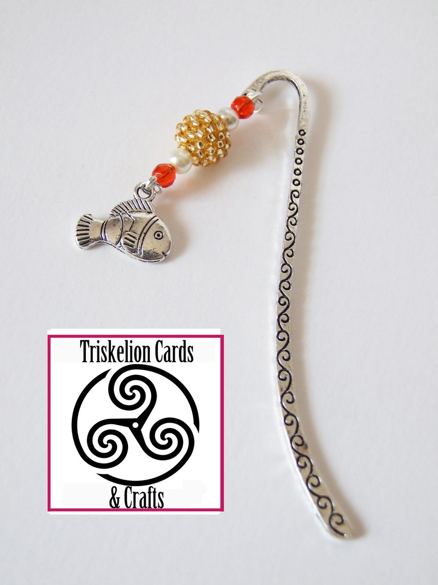 Clown Fish Charm and Beads Silver Metal Shepherd's Hook Bookmark