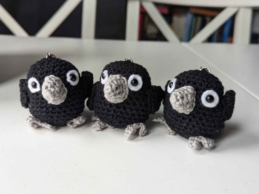 Handmade crochet crow keyring