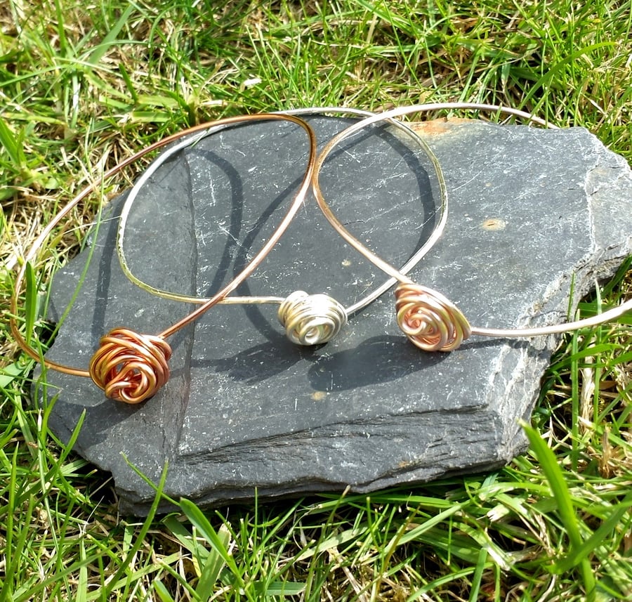 Trio of Rosebud Design Silver Plated Bangle Bracelets, Copper, Rose Gold, Silver