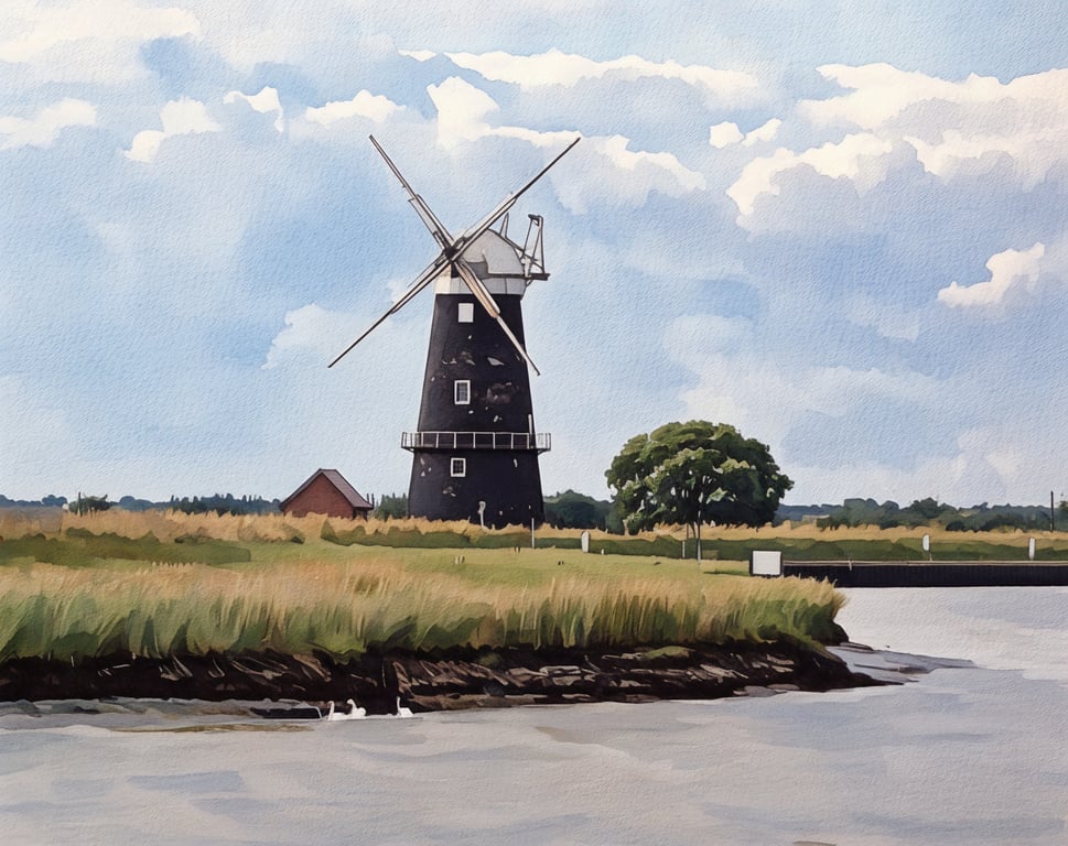 A4 Print Of Berney Arms Windmill & Swans Norfolk Broads 
