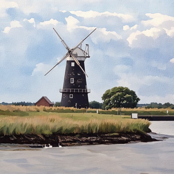 A4 Print Of Berney Arms Windmill & Swans Norfolk Broads 