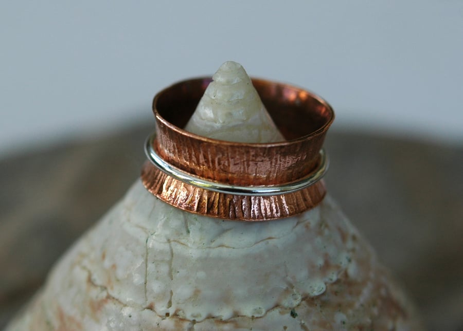 Copper Ring with Sterling  Silver Spinner,  mixed metals, size K-L