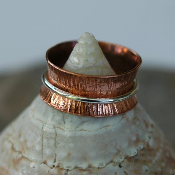 Copper Ring with Sterling  Silver Spinner,  mixed metals, size K-L