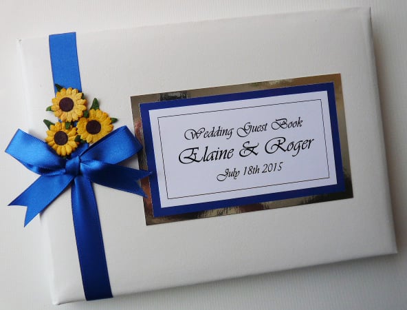 Wedding guest book with sunflowers, royal blue and white wedding guest book
